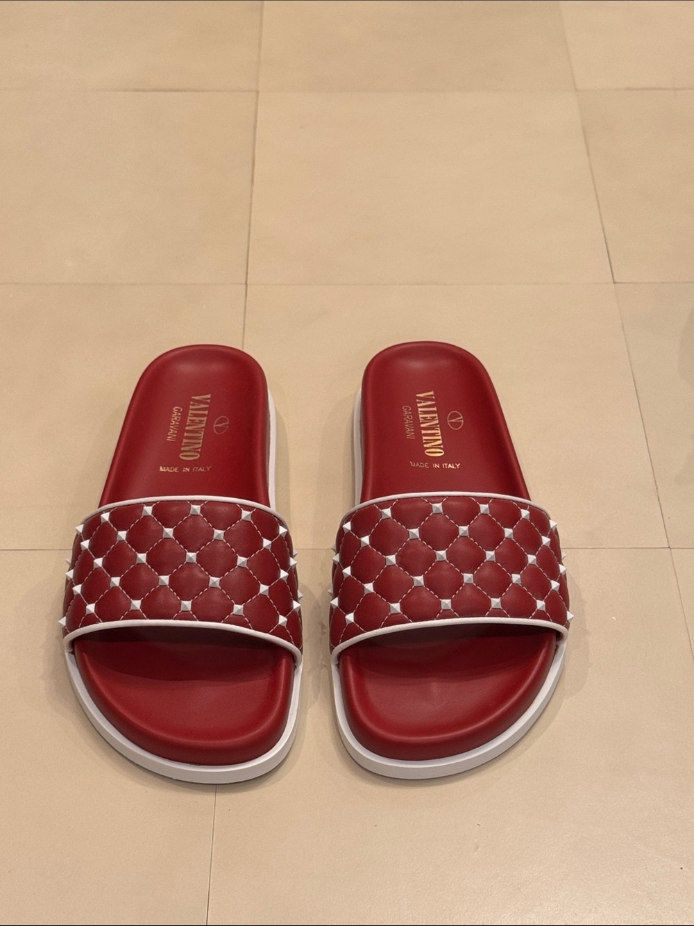 Valentino Garavani Red Quilted Slide Sandals with White Trim